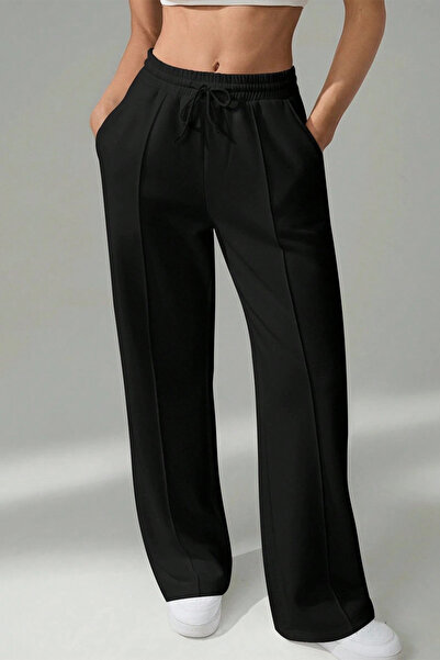 Sun Victoria Γυναικείο μαύρο φαρδύ παντελόνι με ψηλόμεσο κορδόνι