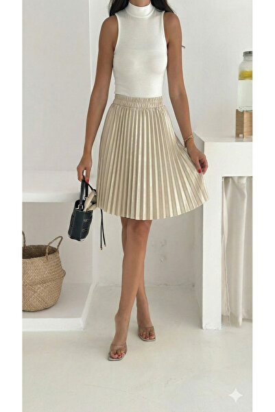 YUSUF CAN KARATAŞ KARATAŞ GİYİM Women's Beige Color Pleated Elastic Waist Satin Fabric Mini Skirt Length 45 cm
