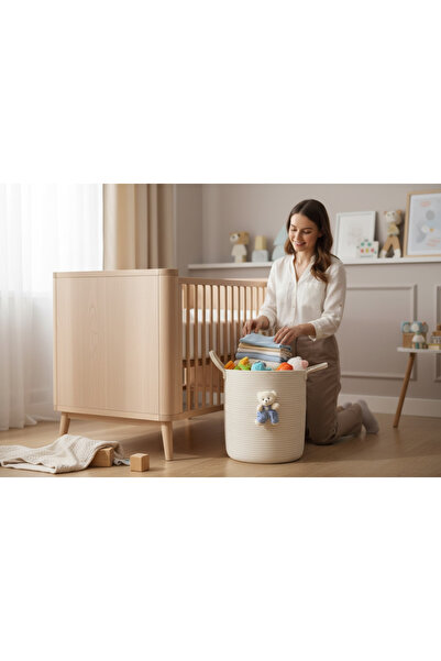 Bohemahomedecor Ecru Blue Teddy Bear Basket Organizer Toy Basket Decorative Basket