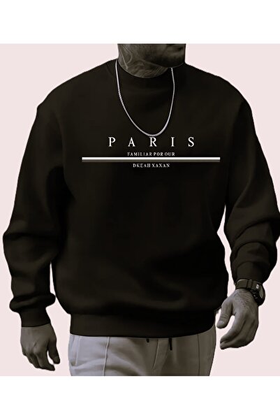 MODA TRENDGREY>ERKEK>Siyah paris baskılı bisiklet yaka sweathişirt