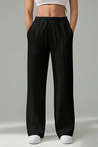 Sun Victoria Γυναικείο μαύρο φαρδύ παντελόνι με ψηλόμεσο κορδόνι