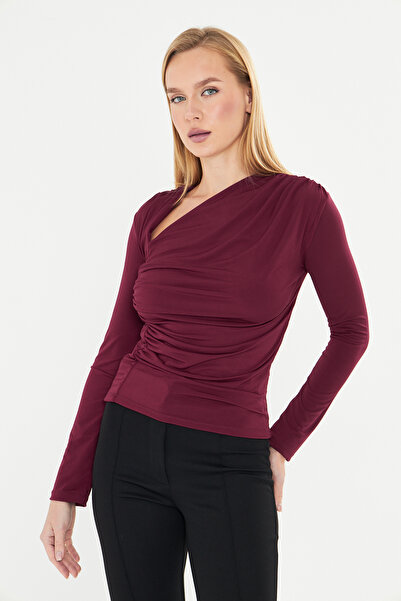 let s shine Asymmetrical Neck Gathered Sandy Long Sleeve Blouse - 732