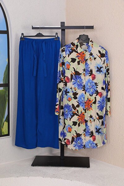Polologin Butik Summer Blue Floral Viscose Fabric Comfortable Cut Tunic