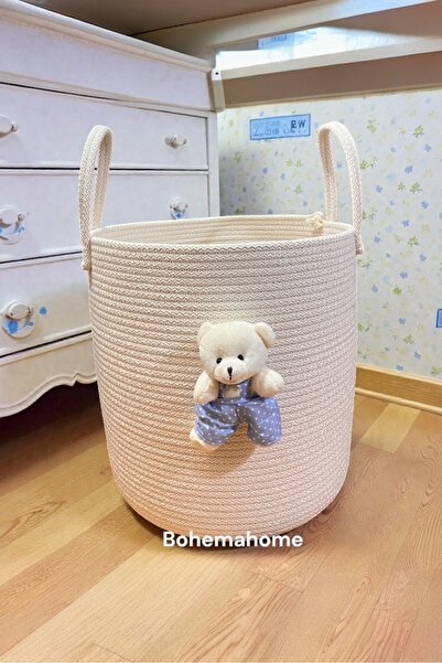 Bohemahomedecor Екрю синій кошик з ведмедиком, кошик для іграшок, декоративний кошик