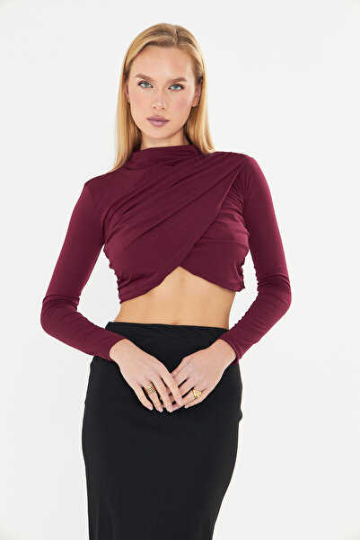 let s shine Mock Neck Sandy Long Sleeve Blouse with Flounce on the Shoulder - 739