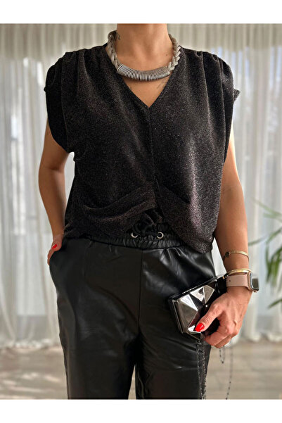 Burcu Özpıranga V Yaka Işıltılı Bluz