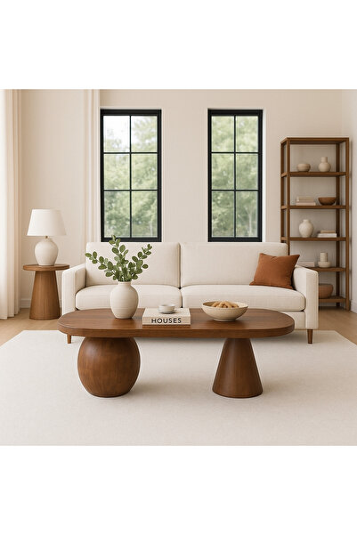 Trihome Gürgen Ağacı Oval Orta Sehpa 120x60 cm – Noce Ceviz Renk, Modern Küre ve Konik Ayak Tasarım