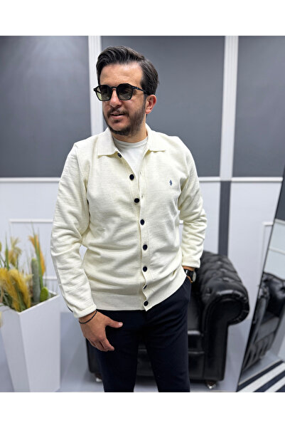 Avni Ceylan Men's Ecru Navy Blue Buttoned Embroidered Detailed Cotton Knit Cardigan