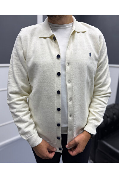 Avni Ceylan Men's Ecru Navy Blue Buttoned Embroidered Detailed Cotton Knit Cardigan