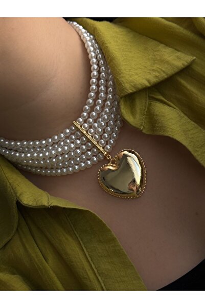 Owentis İnci Çok Sıralı Gold Kalp Uçlu Charlize Kolye