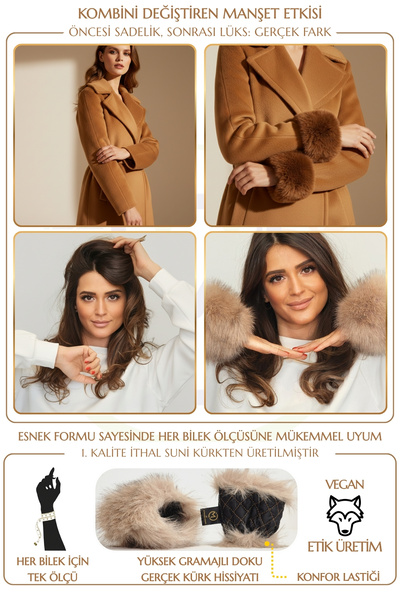 Mağazam Online Plush Faux Fur Oversleeve Fluffy Cuff Wristband - Vegan Soft Earthy Gray