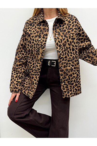 Maldia Shop Women's Gabardine Fabric Leopard Shirt with Pocket Detail