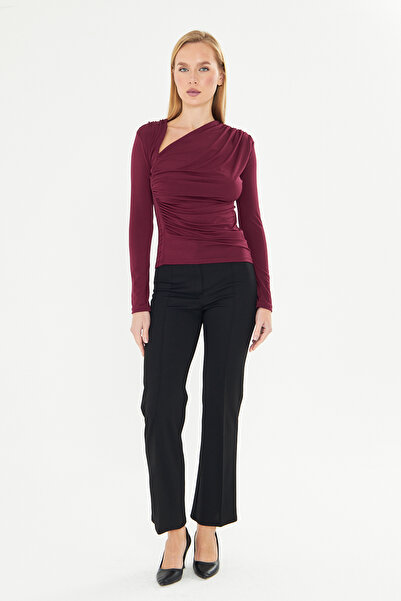 let s shine Asymmetrical Neck Gathered Sandy Long Sleeve Blouse - 732