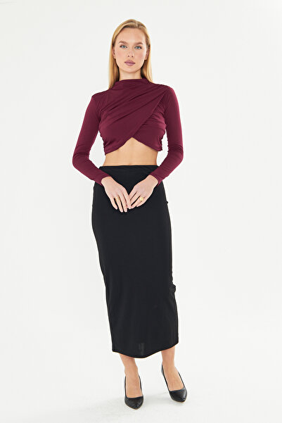 let s shine Mock Neck Sandy Long Sleeve Blouse with Flounce on the Shoulder - 739