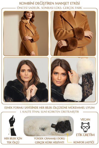 Mağazam Online Plush Faux Fur Oversleeve Fluffy Cuff Wristband - Vegan Tuscany Ecru