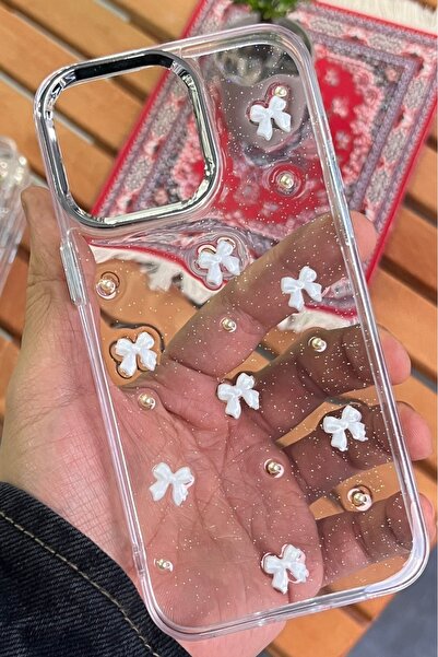 EDELFU آيفون 16 برو ماكس - غطاء شفاف بنمط فيونكة بيضاء لامعة مع بروز للكاميرا