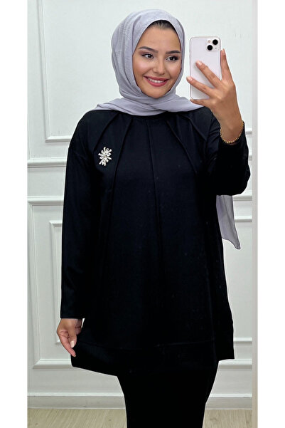 CELTMODA Women's Brooched Stylish Hijab Double Set - Black