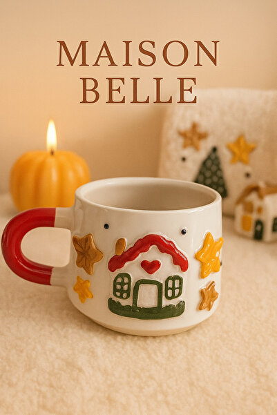 Yerel Üretici 🍪 Zencefilli Kurabiye Evi Kabartma Yılbaşı Fincanı – 200 ml