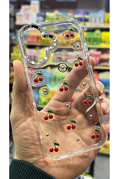 EDELFU iPhone 16 - Transparent Glitter Cherry Pattern Cover Camera Protruding Shiny Case
