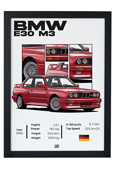 gxe.art BMW E30 M3 Ahşap Çerçeveli Poster Tablo – Klasik M Efsanesi Tasarım