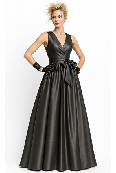 ALYEL NAKER Kruvaze Kapamalı & Kuşaklı Antrasit Gri Tafta Maxi Kolsuz Elbise