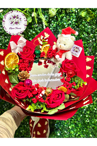 Lilyum Flowers Aynalı Kokina Buketi - Kırmızı Gül & Kokina & Yılbaşı Ayıcığı