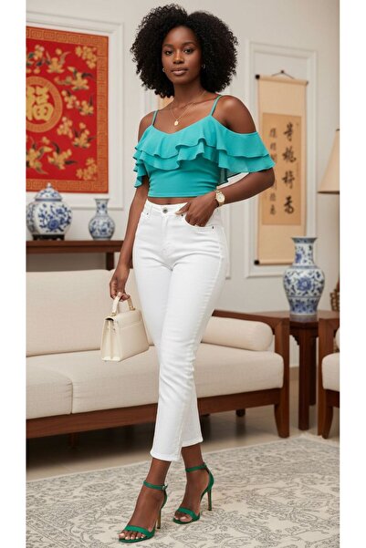 geenz manifacture White Sky Stretch Fabric Flexible Mom Jeans Denim Trousers