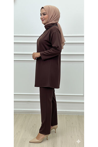 CELTMODA Women's Lace Embroidered High Neck Hijab Two-Piece Set - Brown