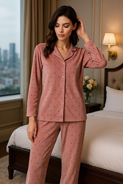 cdh çeyize dair herşey Pink Mini Star Patterned Velvet Pajama Set