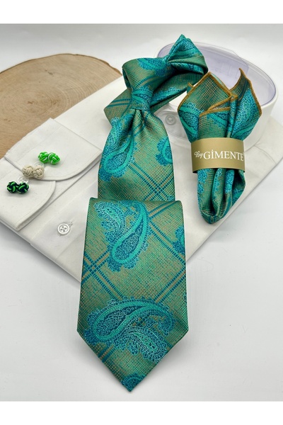 Gutiero ربطة عنق كلاسيكية مع منديل منقوش بالشال الأخضر