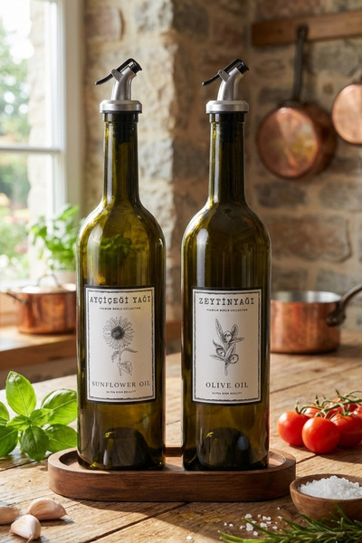 incili home Marasca Ahşap Stantlı Amber 2'li 750 ml Zeytinyağı Sıvıyağ Şişesi Yağdanlık Yağlık Standlı Cam Şişe