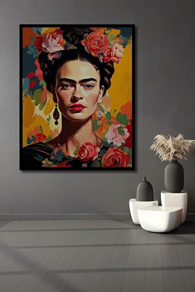 Genel Markalar Çerçeve Görünümlü Dekoratif Ahşap Kare Frida Kahlo Çiçekler İçinde Tablosu Ev/Ofis/İşyeri Tablo