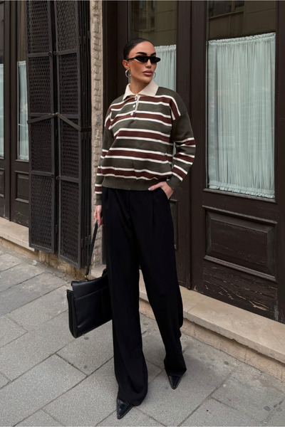 Fav Style Γυναικείο πλεκτό πουλόβερ με λαιμόκοψη πόλο ριγέ oversized χακί