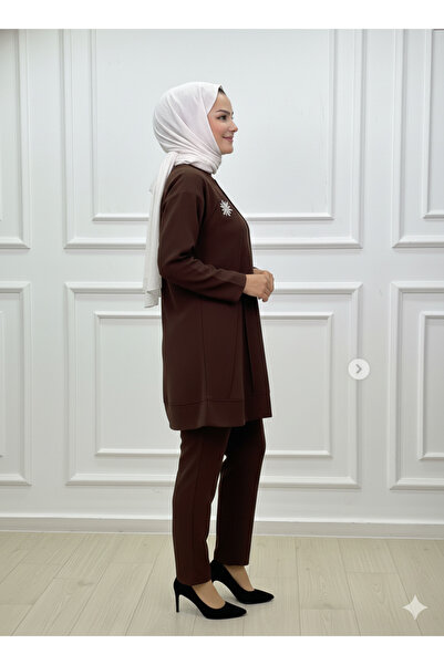 CELTMODA Women's Brooched Stylish Hijab Double Set - Brown