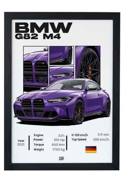 gxe.art BMW G82 M4 Ahşap Çerçeveli Poster Tablo – Coupe Competition Tasarım