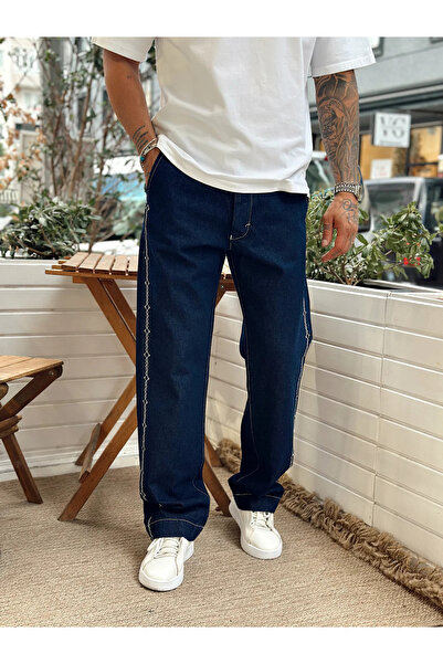 A&O Style Men's Navy Blue Regular Fit Embroidered Design Jean Denim Trousers