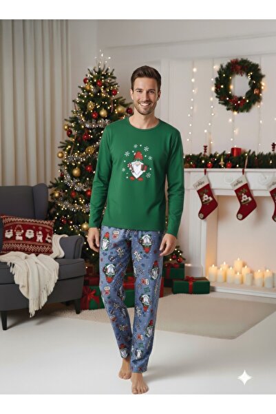 Serena Men's Christmas Pajamas – Green Top & Grey Pants with Printed
