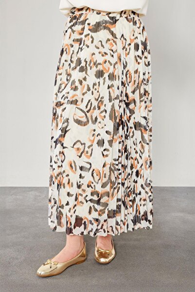Levidor Camel Leopard Patterned Pleated Skirt