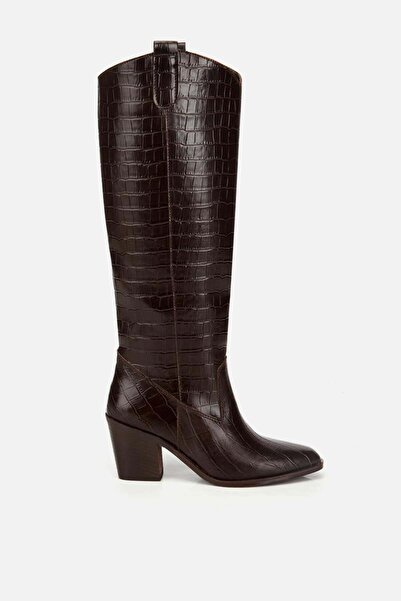 Yaya by Hotiç Kadın Kahverengi Kroko Desenli Kovboy Topuklu Çizme