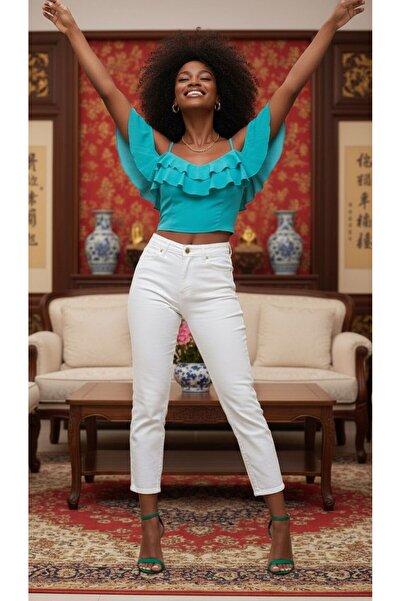 geenz manifacture White Sky Stretch Fabric Flexible Mom Jeans Denim Trousers