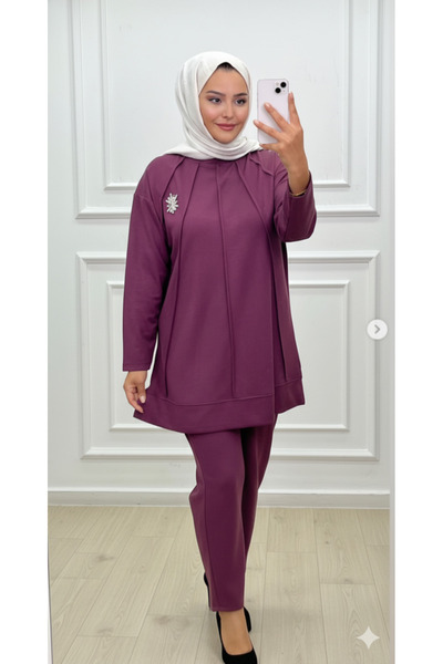 CELTMODA Women's Brooched Stylish Hijab Double Set - Cherry