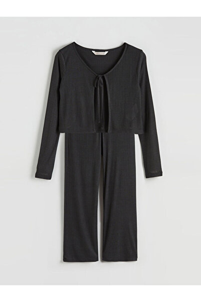 LC Waikiki Σετ γυναικεία πιτζάμα με υφή ανθρακί με δεμένο γιακά
