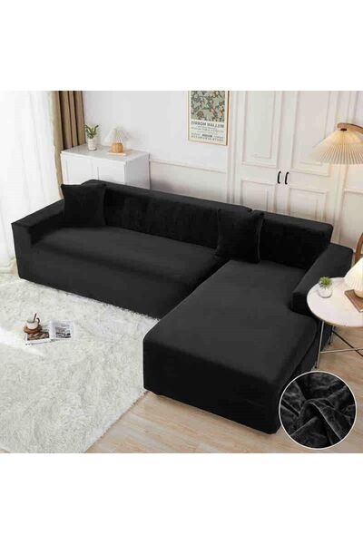 V-Textiles Husă de canapea de colț din catifea premium, neagră, densitate GSM 220