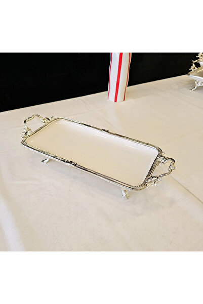 MaviDamla Cast Edge Frameded Footed Porcelain Presentation Plate 30*14 Silver