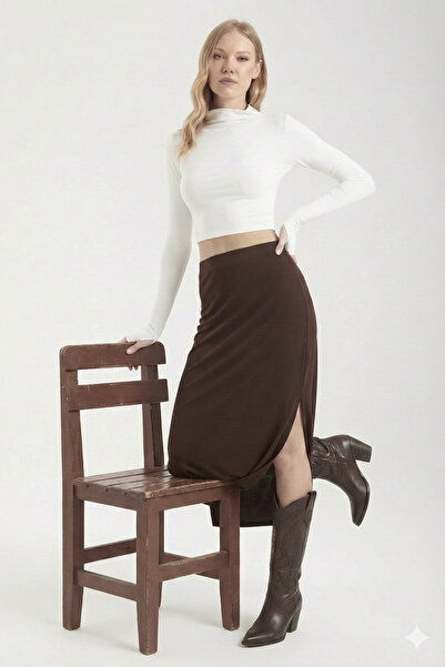 By Yaren Yazıcı Women's Brown Elastic Waist Form Slit Maxi Skirt Day and Night Style