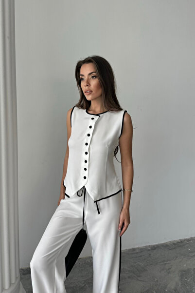 Kanonik Education Linen Edge Tie Vest - Pants Suit - White