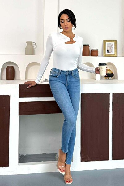 ZISHAN Women's Gold Buckle Accessory Window Detail Long Sleeve Blouse 10131