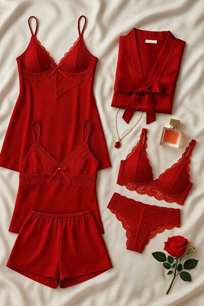 cdh çeyize dair herşey Crimson Red 6-Piece Satin & Lace Luxury Nightgown Set