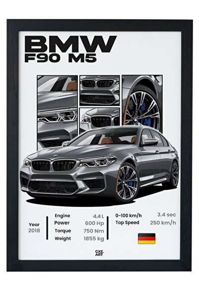 gxe.art BMW F90 M5 Ahşap Çerçeveli Poster Tablo – 4.4 TwinPower Super Sedan