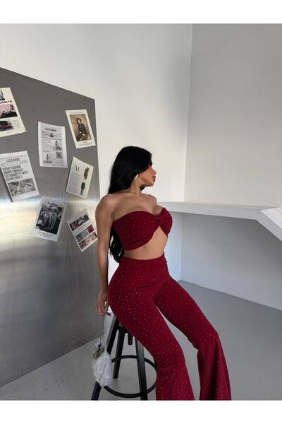 sajarsln Saja Rsln Bow Top and Flared Pants Glitter Stone L Stretch Fabric Two-Piece Set